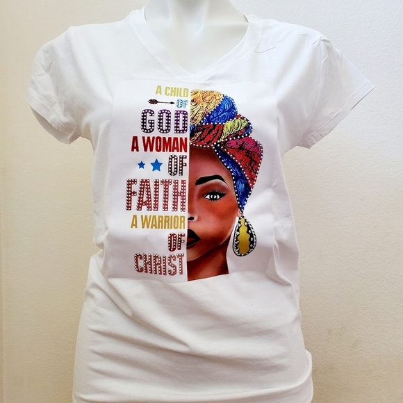 Women "A Child Of God" Graphic White V-Neck T-Shirt Print Size XL - Picture 7 of 7